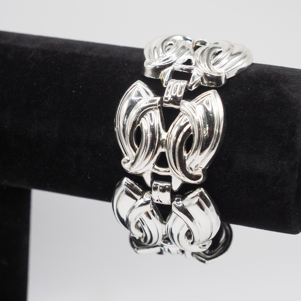 Vintage Bracelet 7" Silver Tone Wide Link Swirl Scroll Chunky Statement Runway